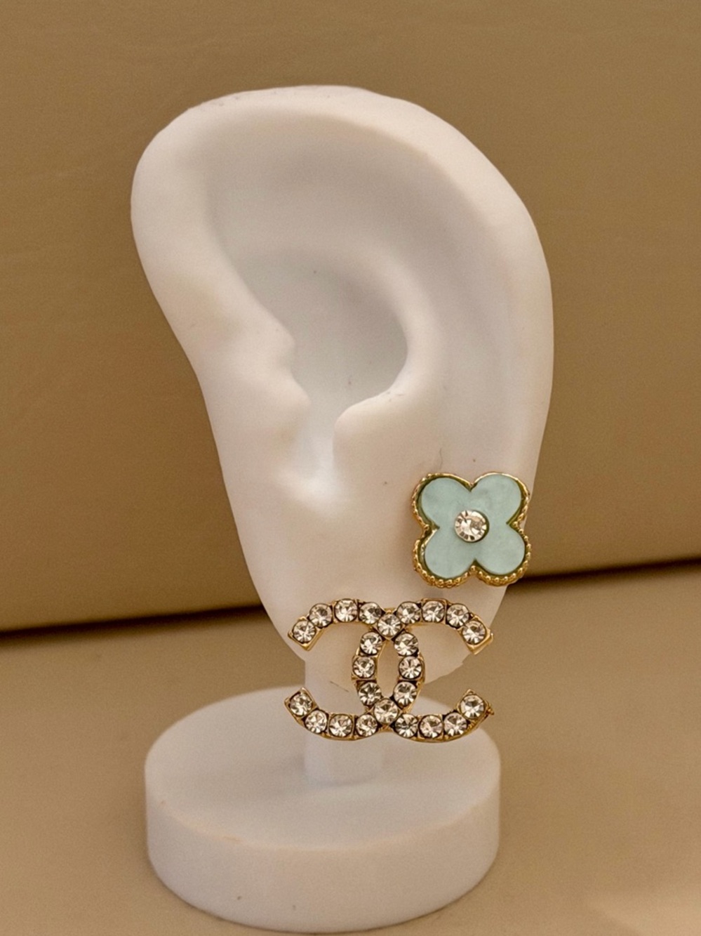 CC Lettered Aqua Clover and Gold Crystal Logo Stud Earring Set